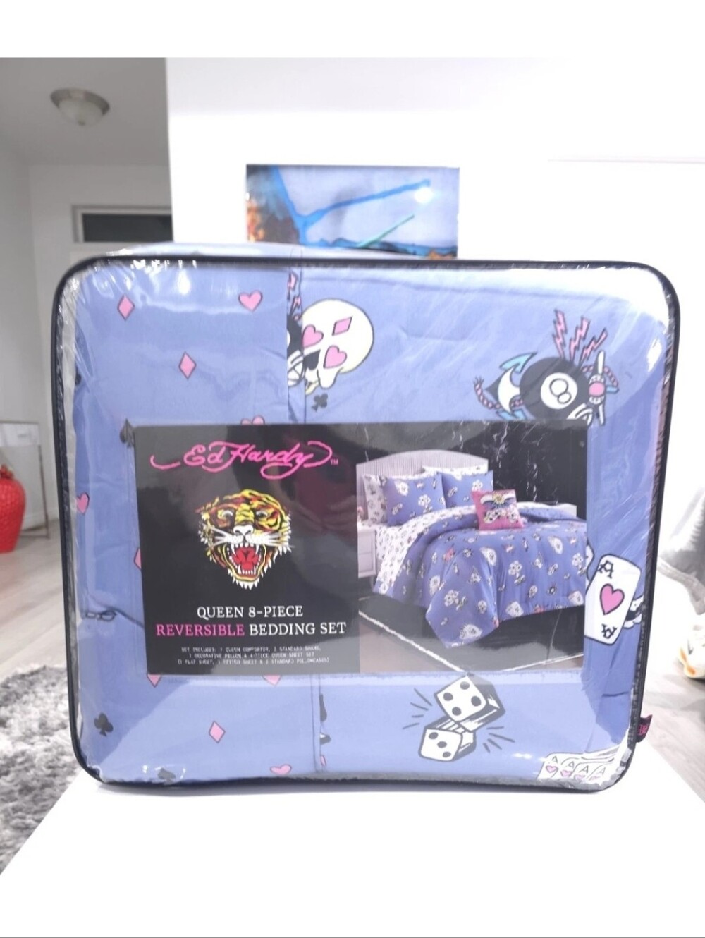 Ed Hardy Queen 8 Piece Cards Blue Purple Reversible Comforter Bedding Set New